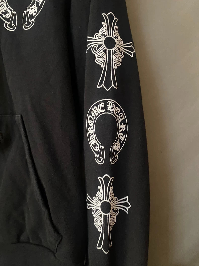 Chrome Hearts Black Zip Hoodie with White Prints-yf