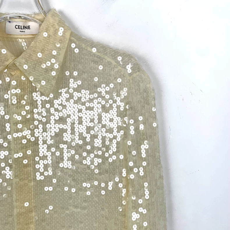 Celine Yellow Sequin Silk Long Sleeve Shirt