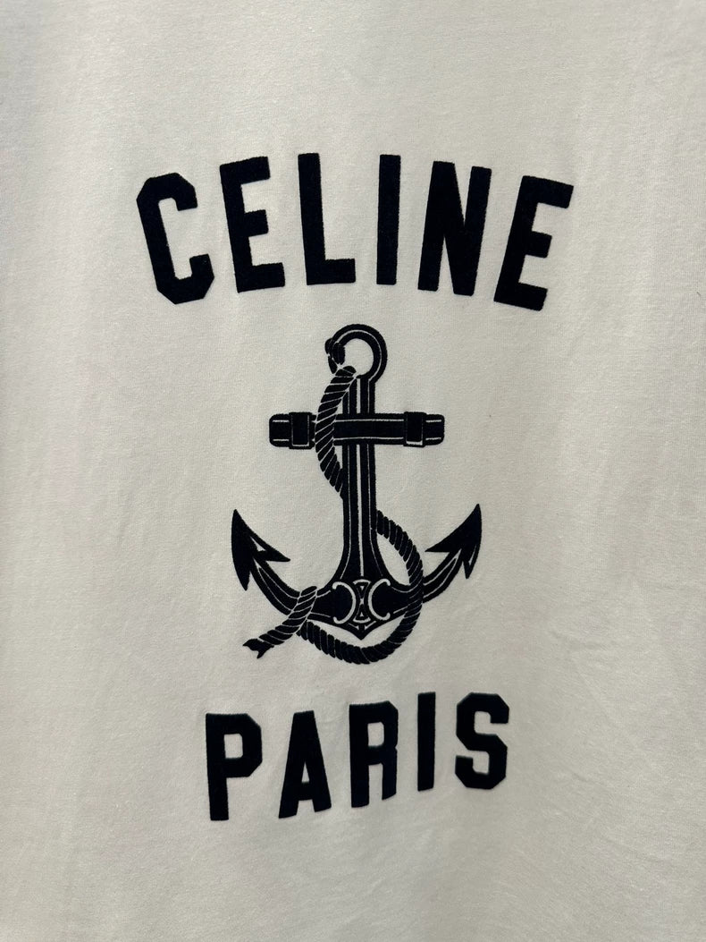 Celine White and Navy Anchor Short Sleeve Tee