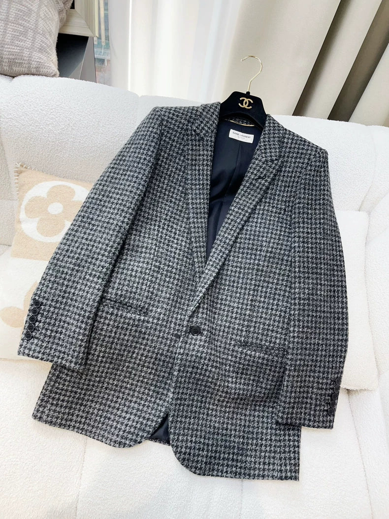 Saint Laurent Gray Houndstooth Wool Blazer