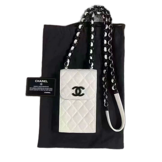 Chanel White Logo Chain Mobile Phone Bag