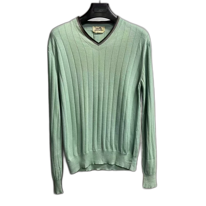 Hermes Green V-Neck Striped Knit Sweater