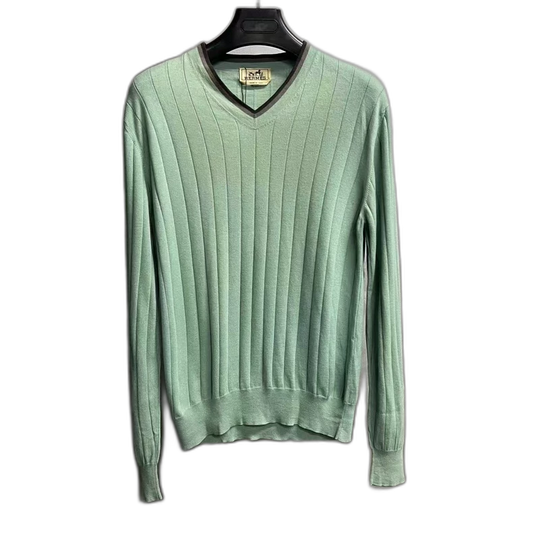 Hermes Green V-Neck Striped Knit Sweater