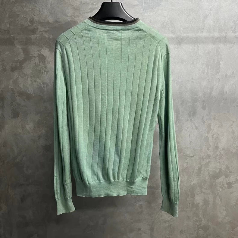 Hermes Green V-Neck Striped Knit Sweater