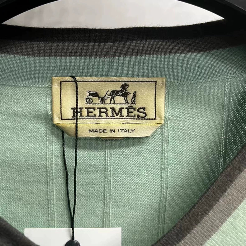 Hermes Green V-Neck Striped Knit Sweater