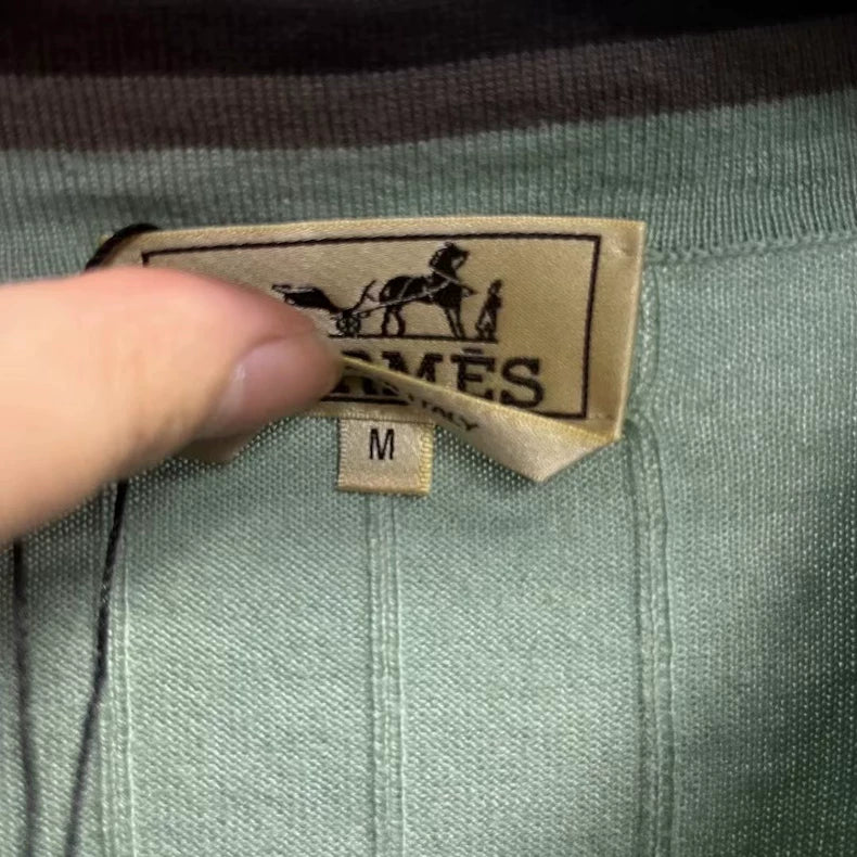 Hermes Green V-Neck Striped Knit Sweater