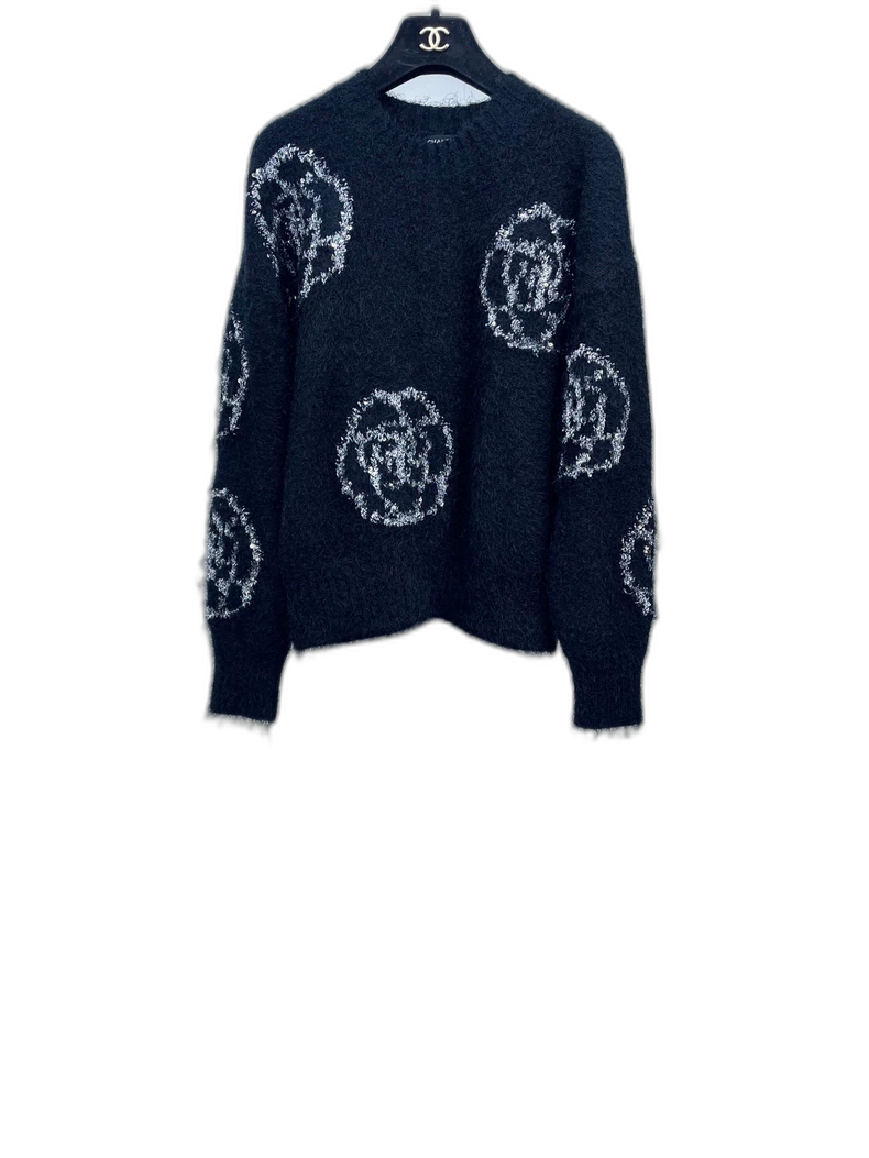 Chanel Black Knit Sweater with Floral Design