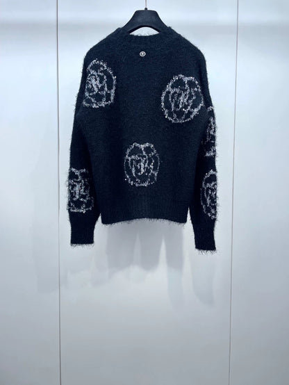 Chanel Black Knit Sweater with Floral Design