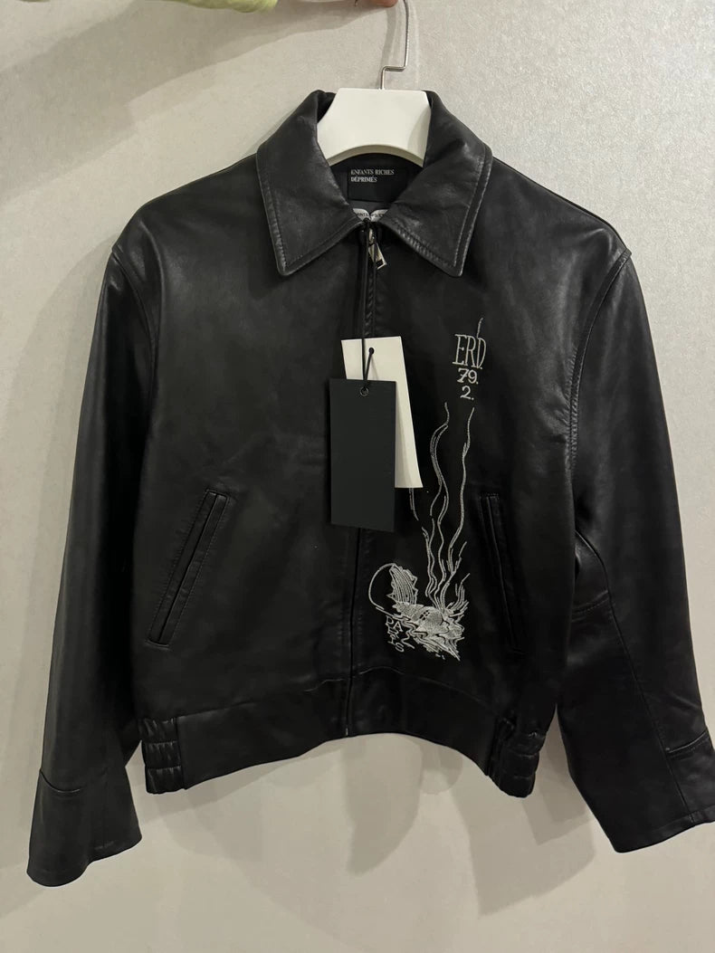 ERD Black Leather Jacket with Embroidery