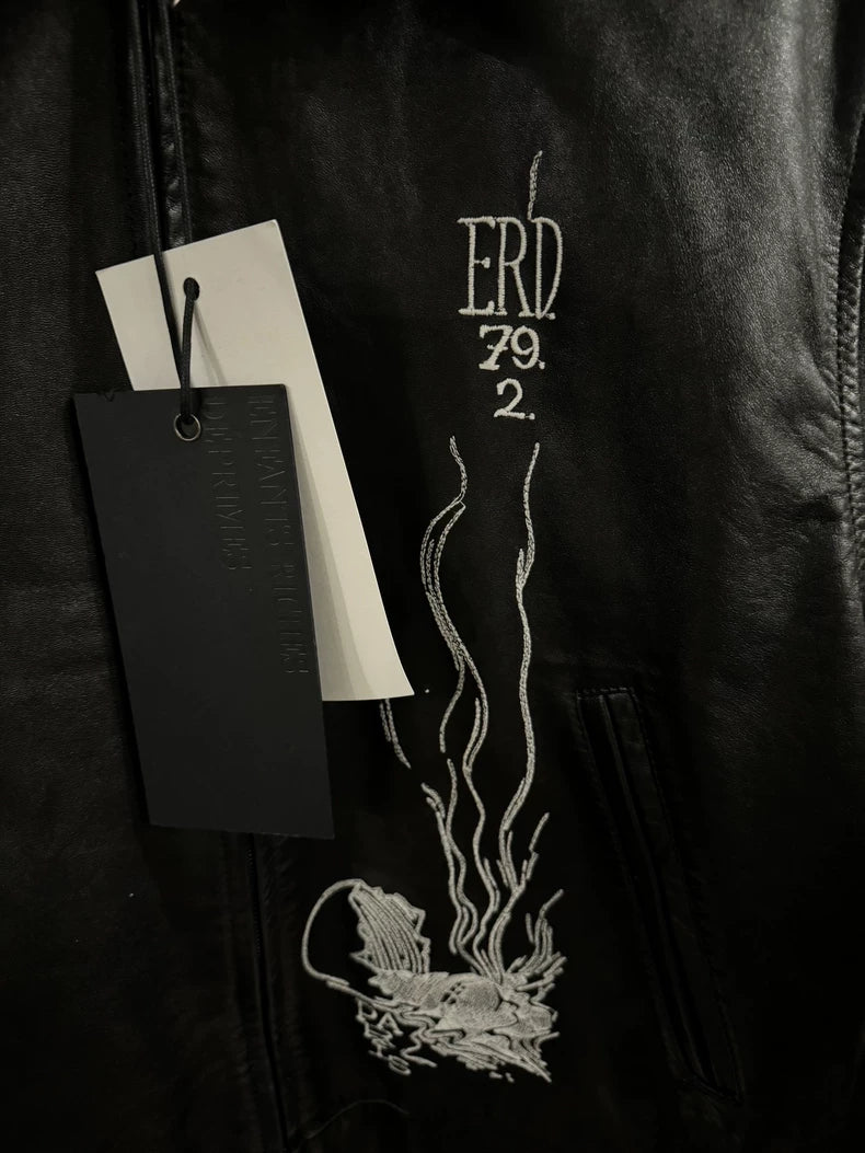 ERD Black Leather Jacket with Embroidery