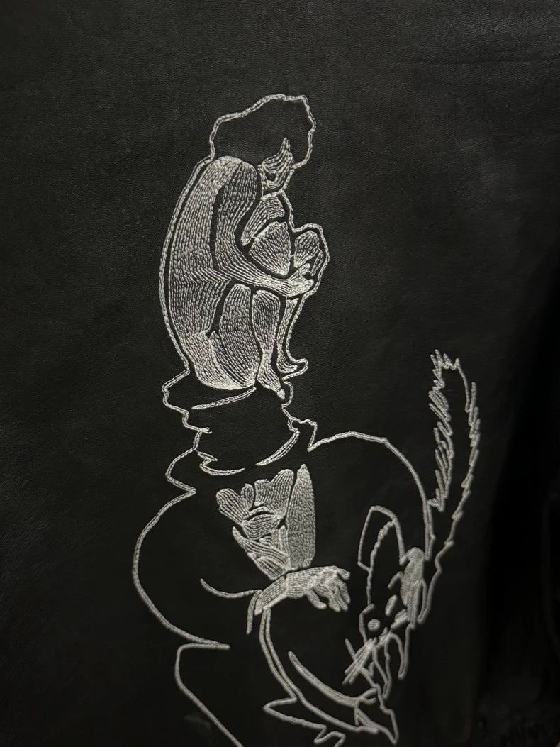 ERD Black Leather Jacket with Embroidery