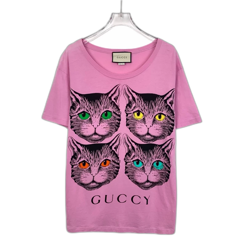 Gucci Pink Cat Print Cotton T-Shirt