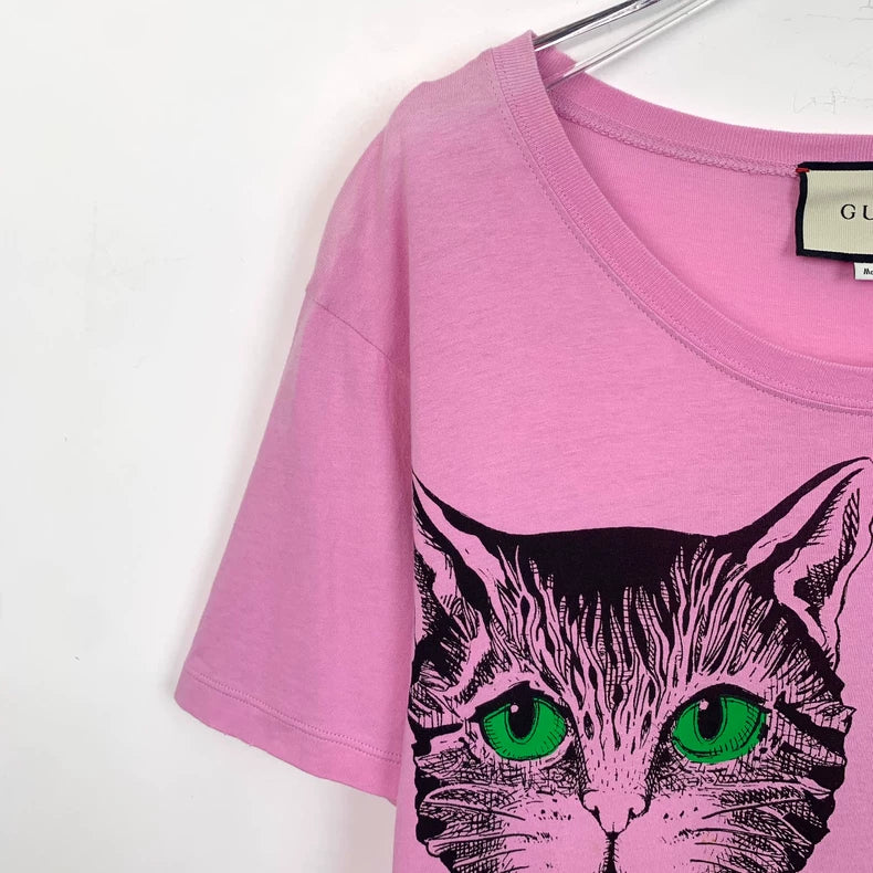 Gucci Pink Cat Print Cotton T-Shirt