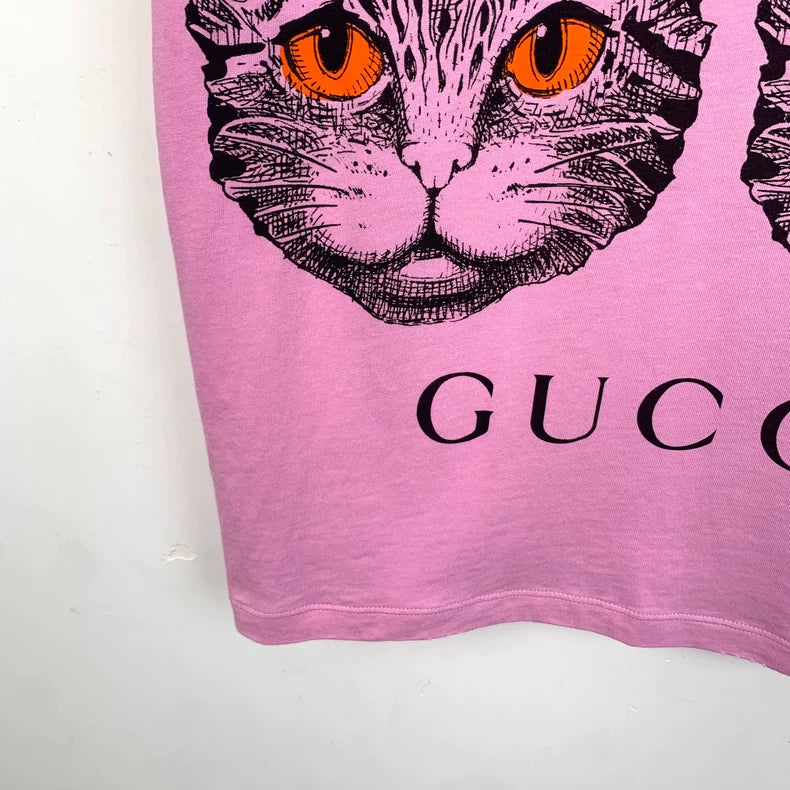 Gucci Pink Cat Print Cotton T-Shirt