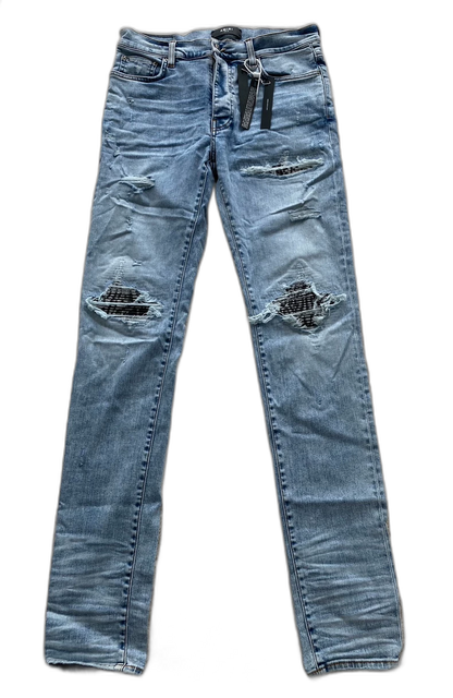 Amiri Blue Leopard Print Patchwork Jeans