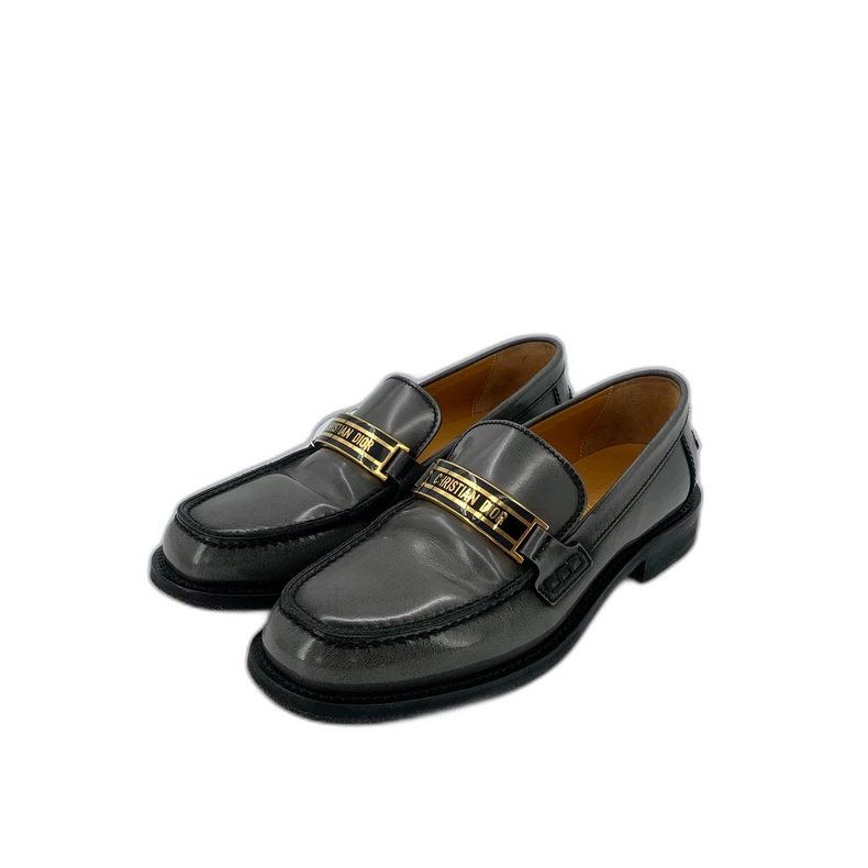 Dior Black Gray Logo Leather Loafers