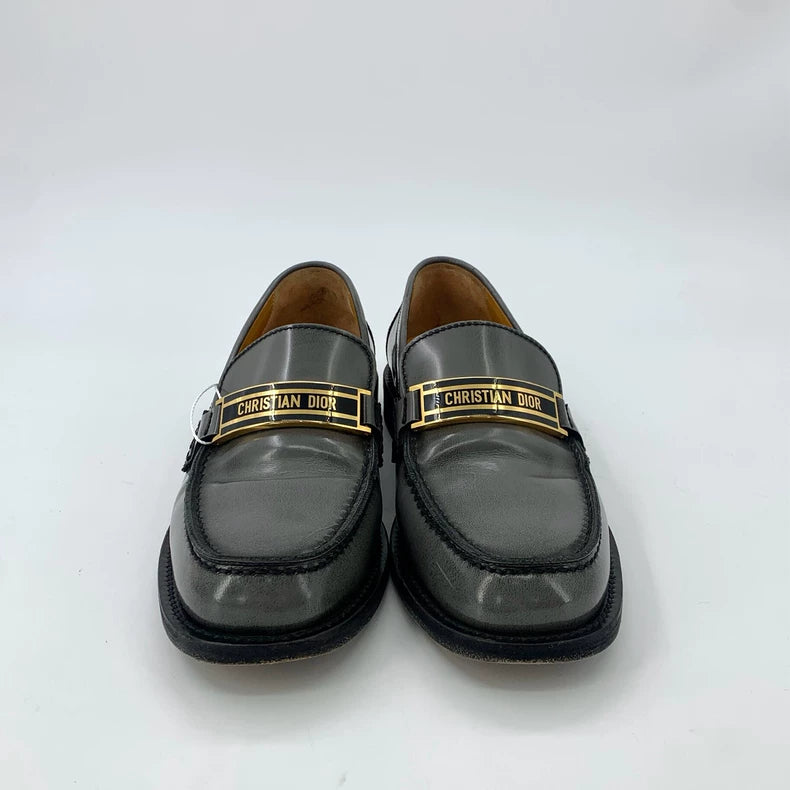 Dior Black Gray Logo Leather Loafers