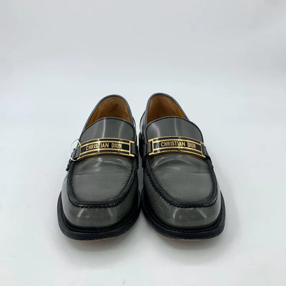 Dior Black Gray Logo Leather Loafers