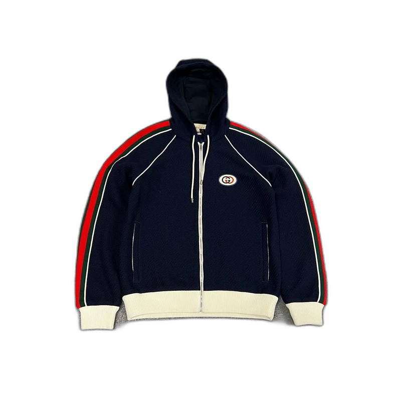 Gucci Deep Blue Logo Embroidered Hooded Jacket