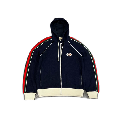 Gucci Deep Blue Logo Embroidered Hooded Jacket