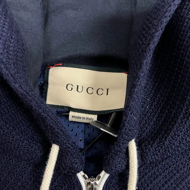 Gucci Deep Blue Logo Embroidered Hooded Jacket