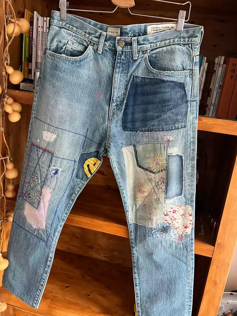 Kapital kountry genuine stitching patch washed old jeans.