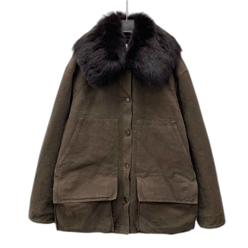 Prada Brown Cotton Jacket with Fur Collar