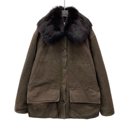 Prada Brown Cotton Jacket with Fur Collar