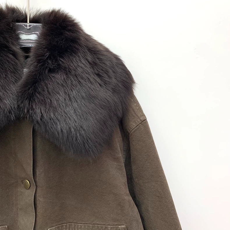 Prada Brown Cotton Jacket with Fur Collar