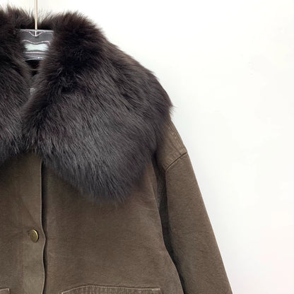 Prada Brown Cotton Jacket with Fur Collar