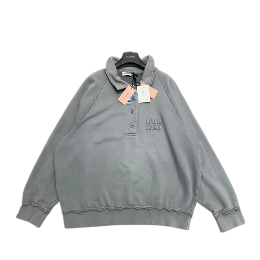 MiuMiu Water-Washed Polo Collar Embroidered Sweatshirt-zp