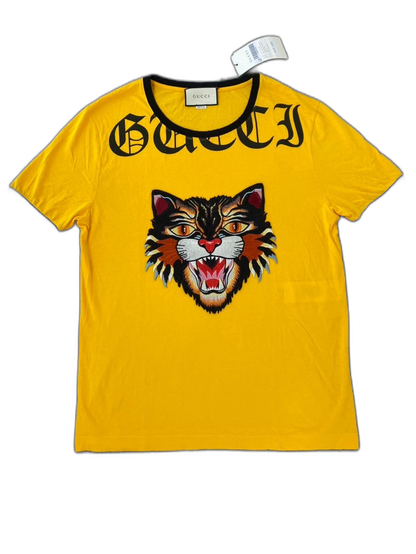 Yellow Gucci Tiger Embroidered Cotton T-Shirt-zp