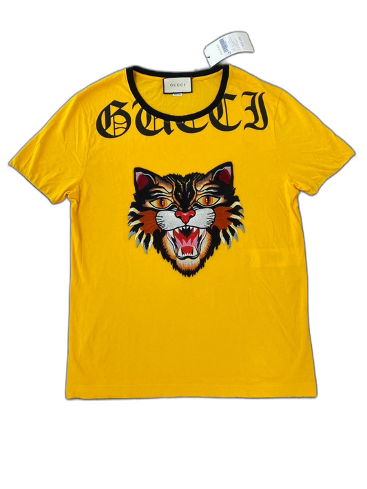 Yellow Gucci Tiger Embroidered Cotton T-Shirt-zp