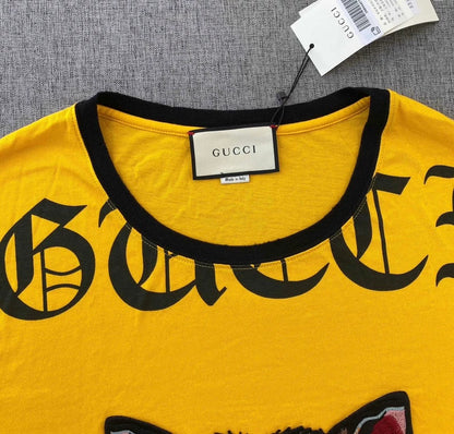 Yellow Gucci Tiger Embroidered Cotton T-Shirt-zp