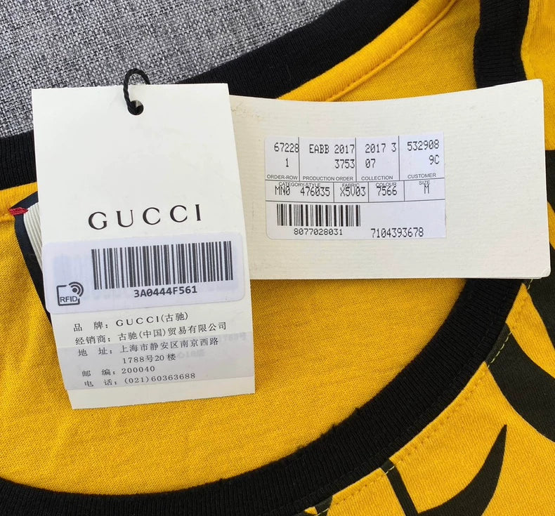 Yellow Gucci Tiger Embroidered Cotton T-Shirt-zp