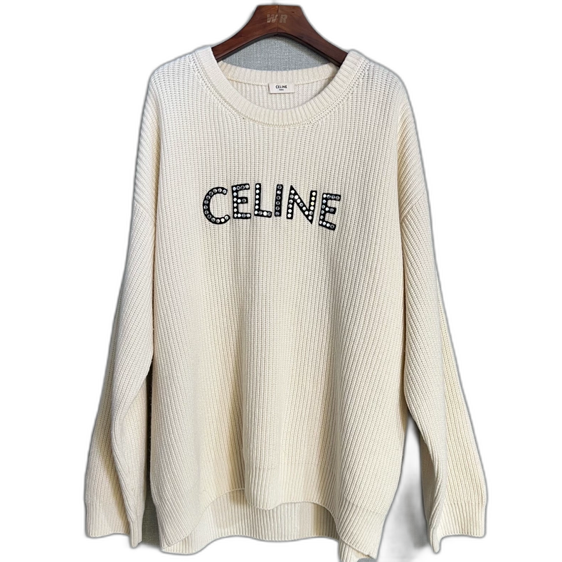 Celine White Logo Wool Knit Sweater