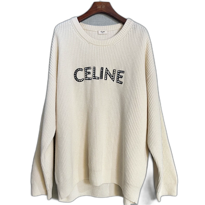 Celine White Logo Wool Knit Sweater