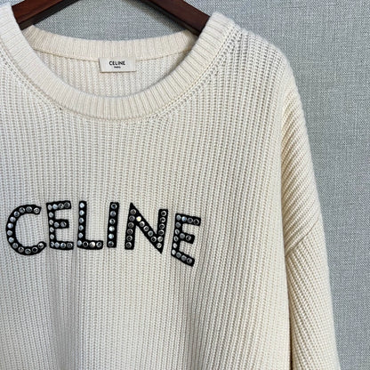 Celine White Logo Wool Knit Sweater
