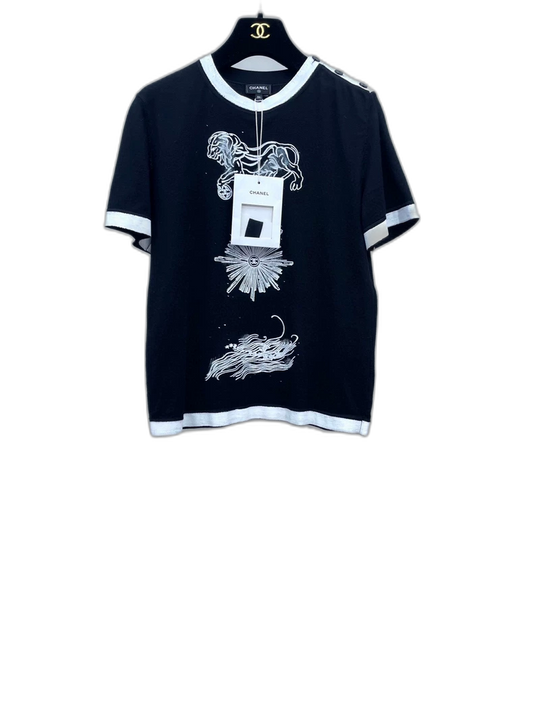 Black and White Lion Knit Short Sleeve Shirt