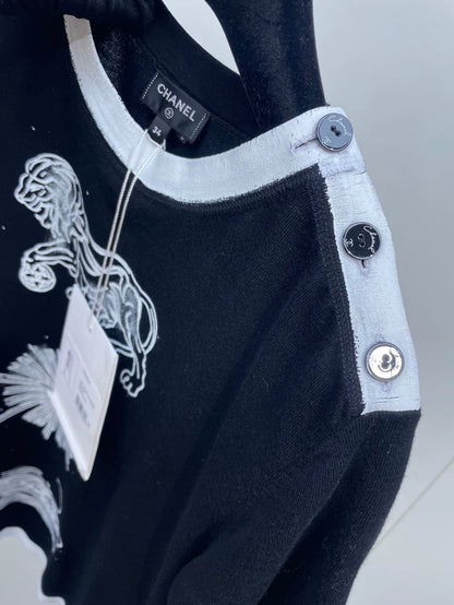 Black and White Lion Knit Short Sleeve Shirt