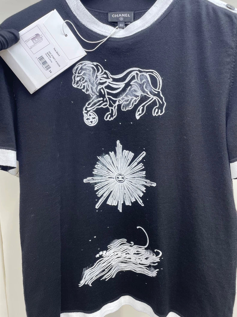 Black and White Lion Knit Short Sleeve Shirt