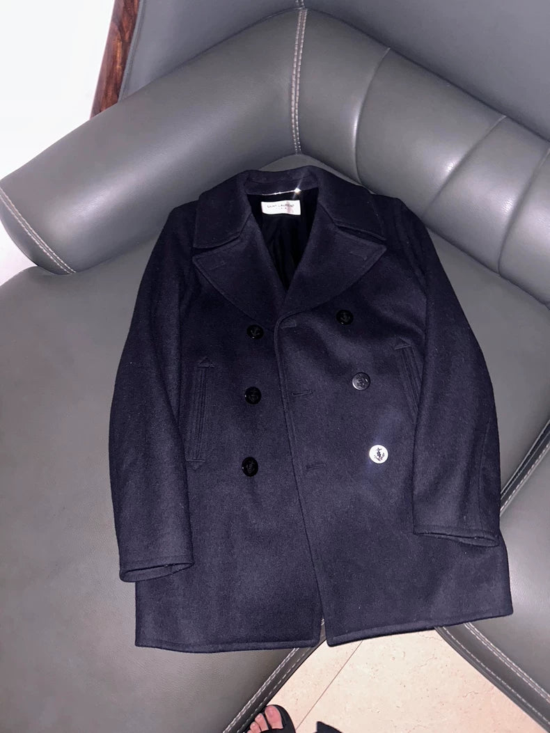 Saint Laurent Navy Double-Breasted Coat