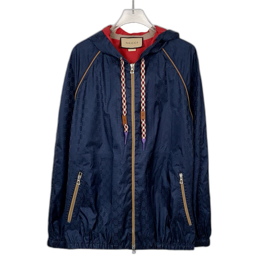 Gucci Blue Logo Print Hooded Jacket