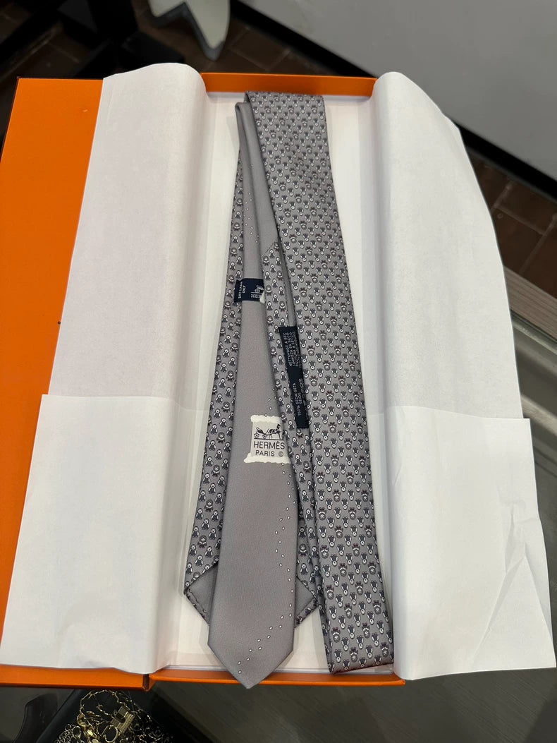 Hermes Grey Animal Print Logo Tie