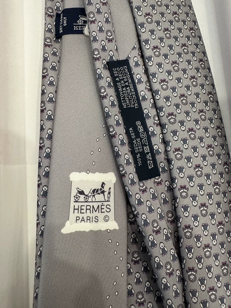 Hermes Grey Animal Print Logo Tie