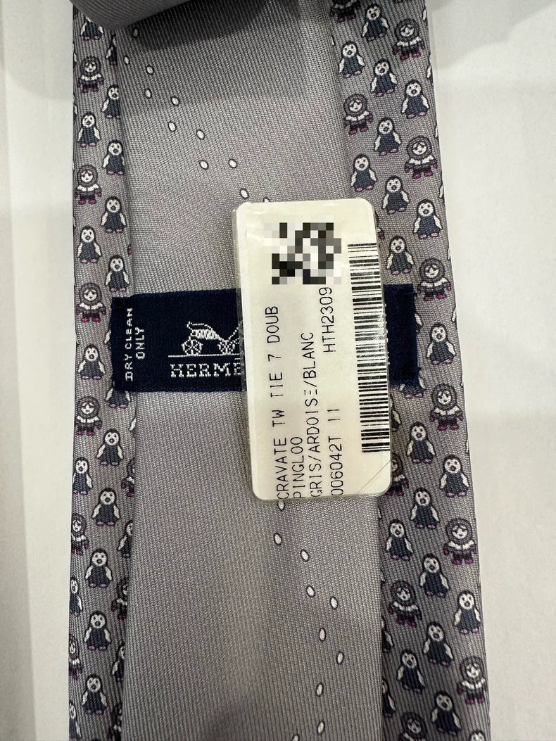 Hermes Grey Animal Print Logo Tie