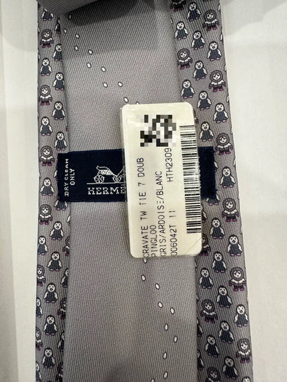 Hermes Grey Animal Print Logo Tie