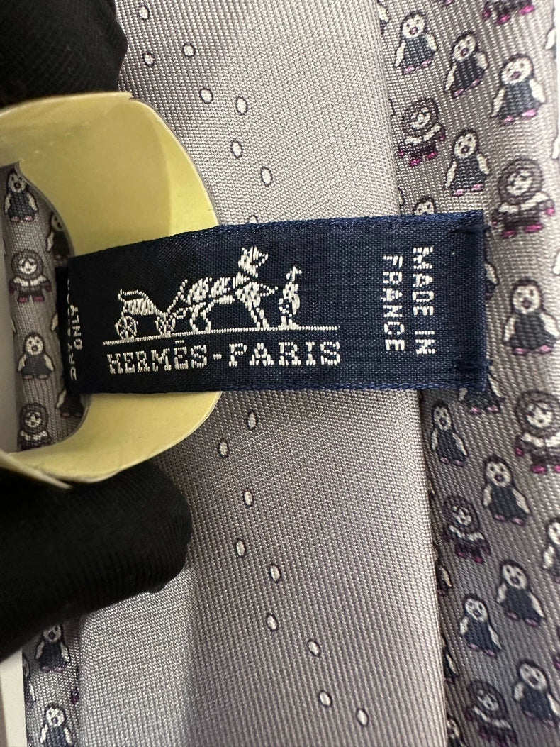 Hermes Grey Animal Print Logo Tie