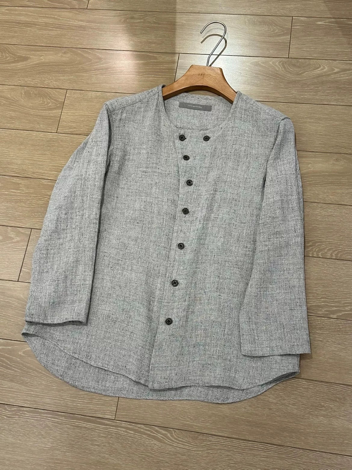 gray linen button-up shirt by Yuta Matsuoka