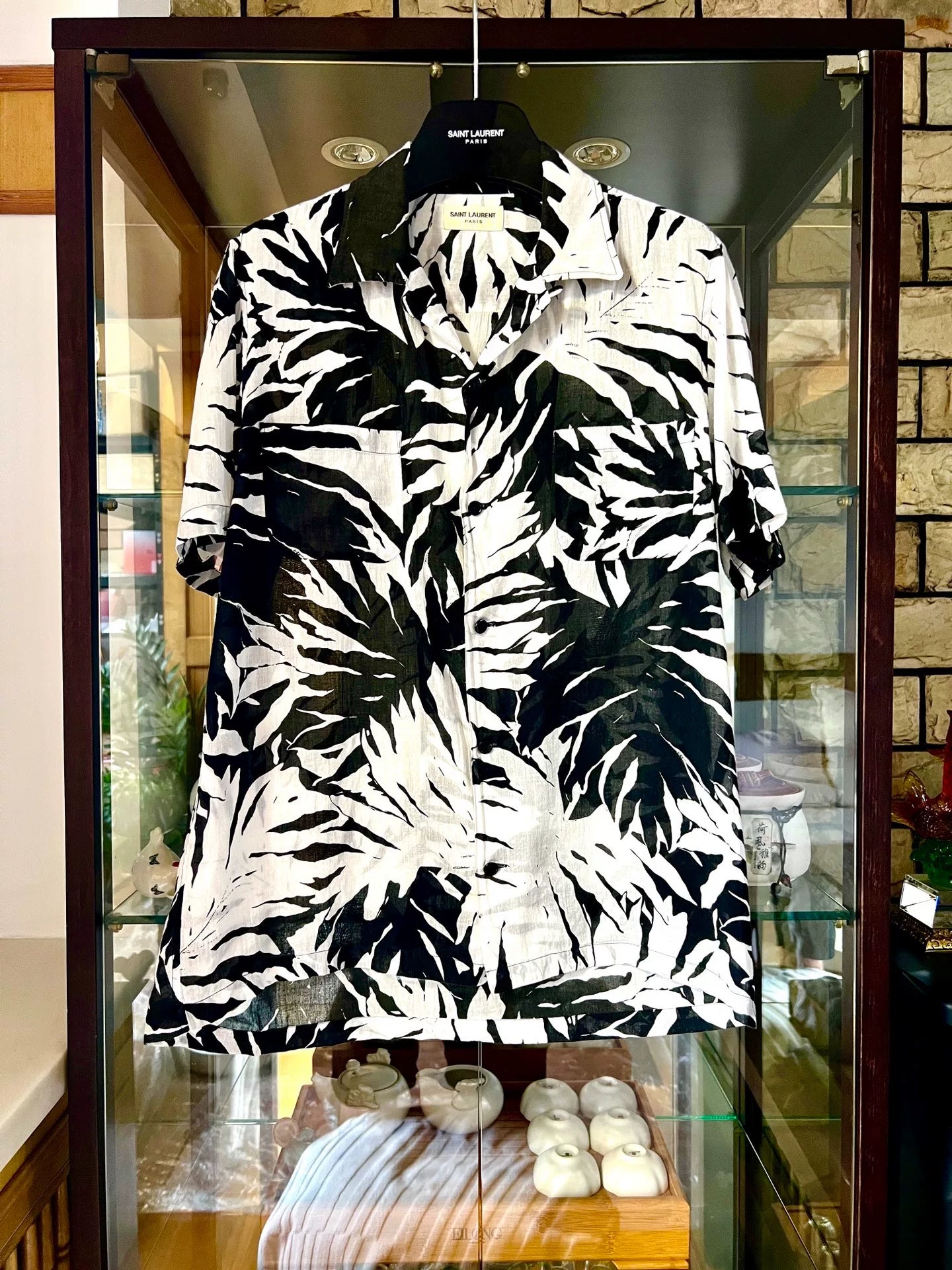 saint laurent black and white hawaiian shirt